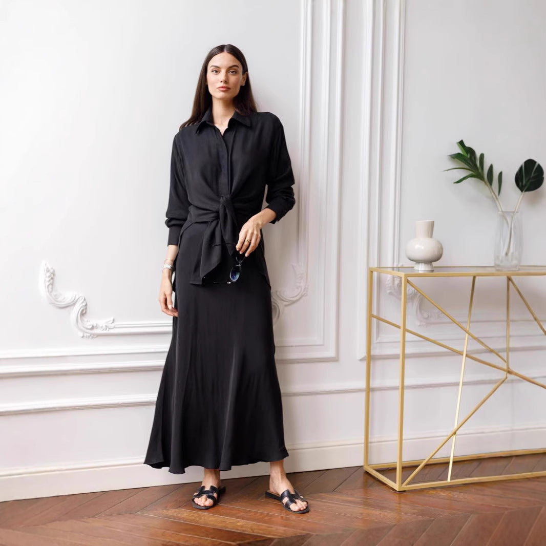 Kvinnors Långärmad Skjorta Hög Delning Bomull-5