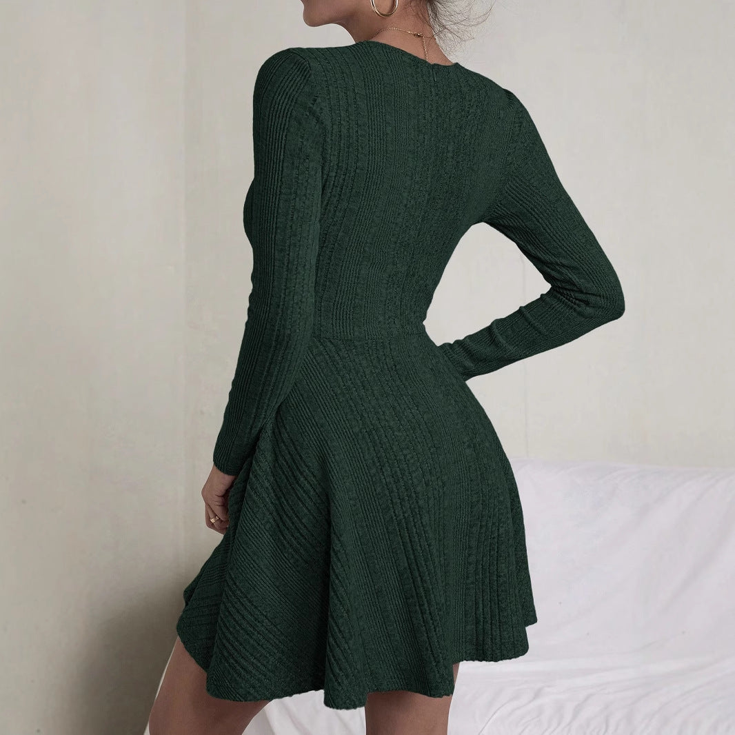 Kvinna A-Line Klänning Ribbad Akryl Långärmad-3