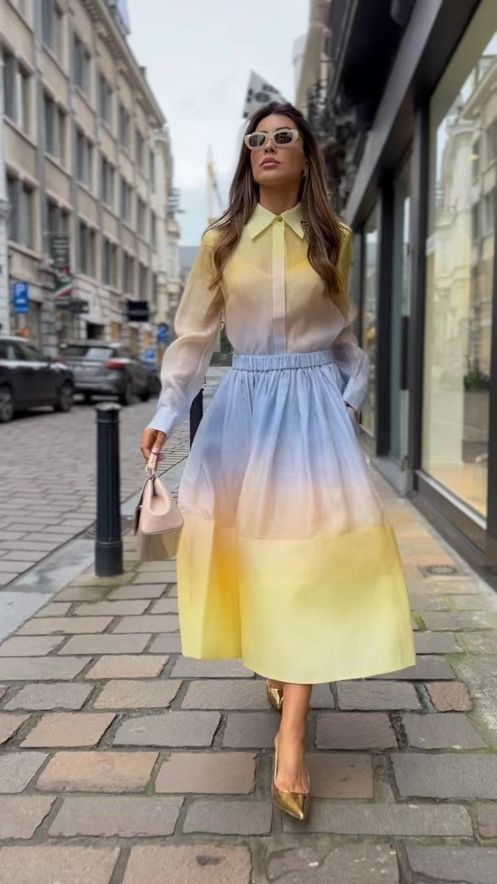 Damklänning A-linjeformad V-hals Lång Polyester med Gradienttryck-3