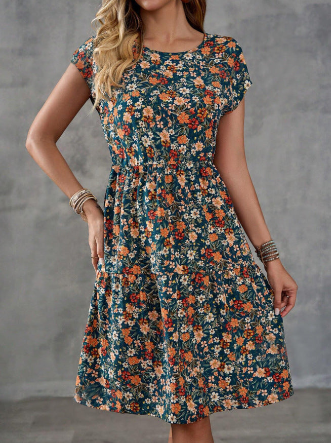 Kvinnors A-Linjeformad Klänning V-Ringning Bomullsblandning Blommönster-3