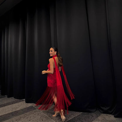 Kvinnors Aftonklänning Spetsdetaljer V-hals Polyester 5