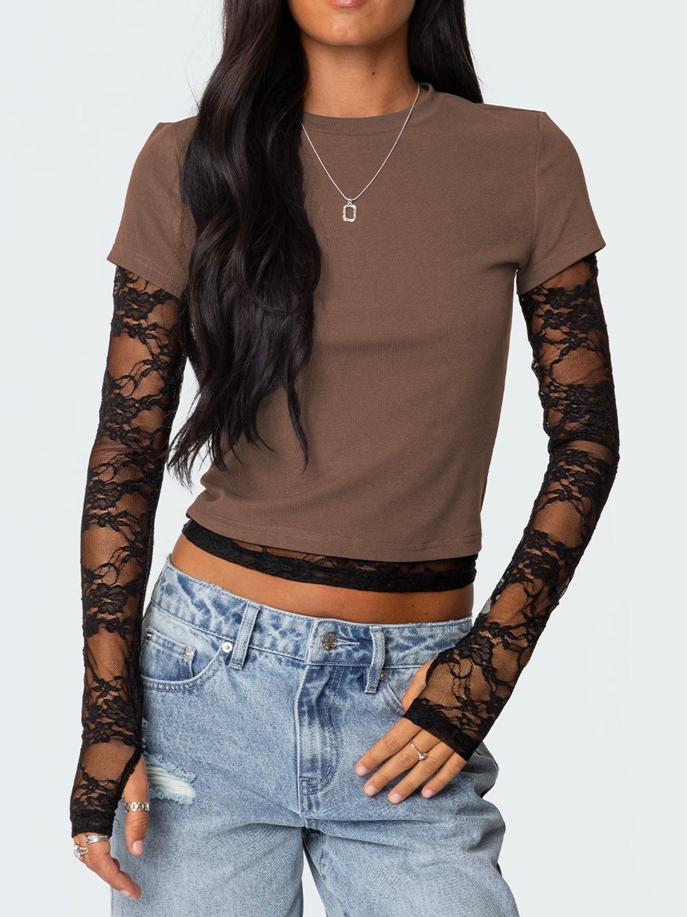 Variant image for Långärmad T-Shirt Dam Rundhals Polyester Trendig Splicering-21