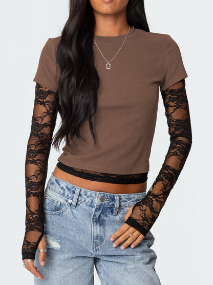 Variant image for Långärmad T-Shirt Dam Rundhals Polyester Trendig Splicering-21