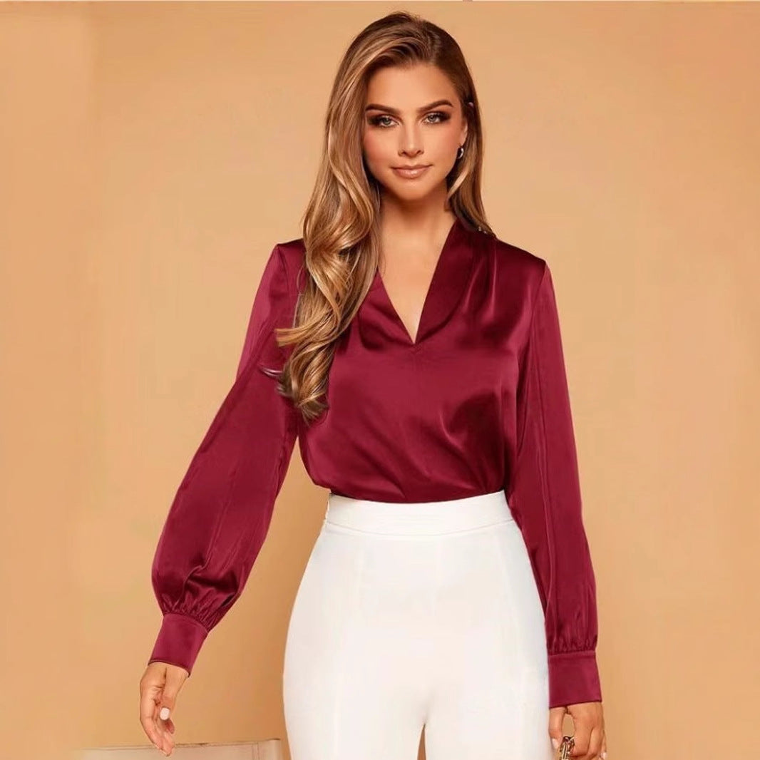 Dam Långärmad V-ringad Blus Satin Rynkad-2