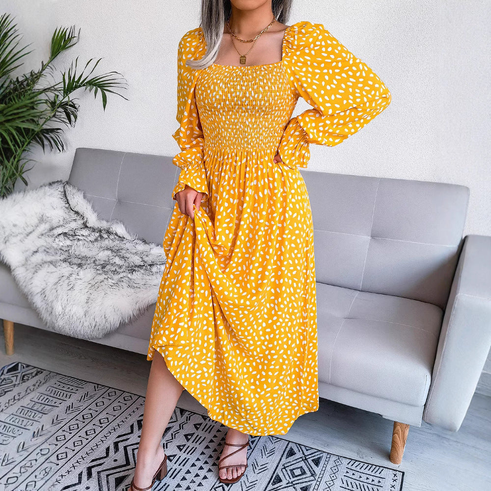 Kvinnors Lång Klänning Fyrkantig Halsringning Blommönster Bomullsblandning-3