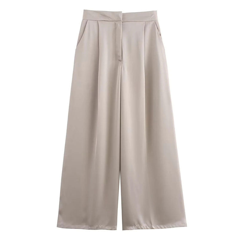 Kvinnors Satin Set Fållad Top Tre Fjärdedelar Vida Byxor Polyester-5