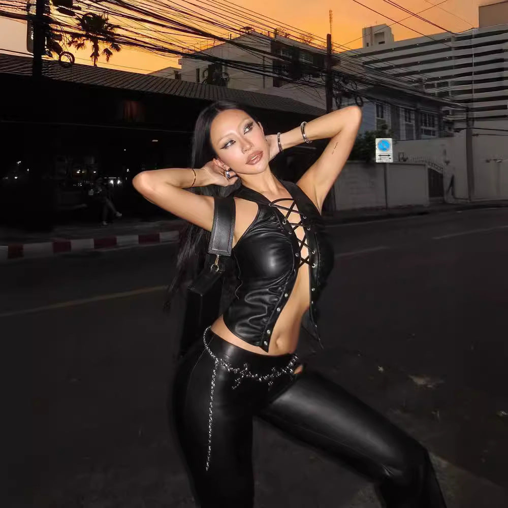 Dam Ärmlös Tank Läder Med Snörning-5