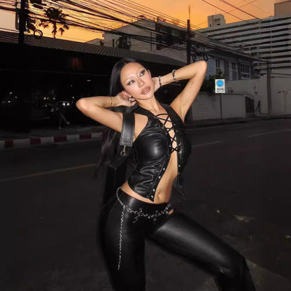 Dam Ärmlös Tank Läder Med Snörning-5