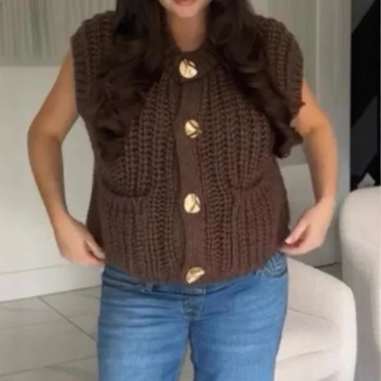 Dam Stickad Väst Lätt Passform Mjuk Akrylblandning med Gyllene Knappar-2