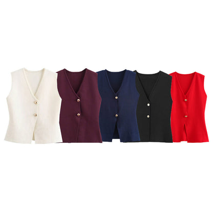 Dam Stickad Väst med Guldknappdekor i Polyester-2