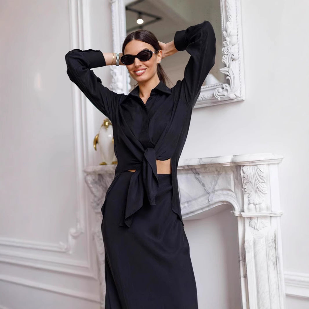 Kvinnors Långärmad Skjorta Hög Delning Bomull-3