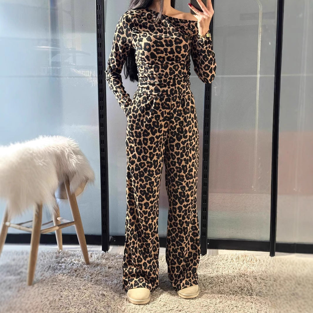 Matchande Set Dam Långärmad T-shirt och Byxor Spandex Leopardmönster-3
