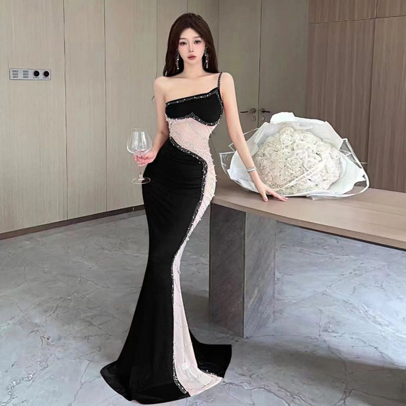 Kvinnors Mesh-klänning Utskuren Midja Strass-4