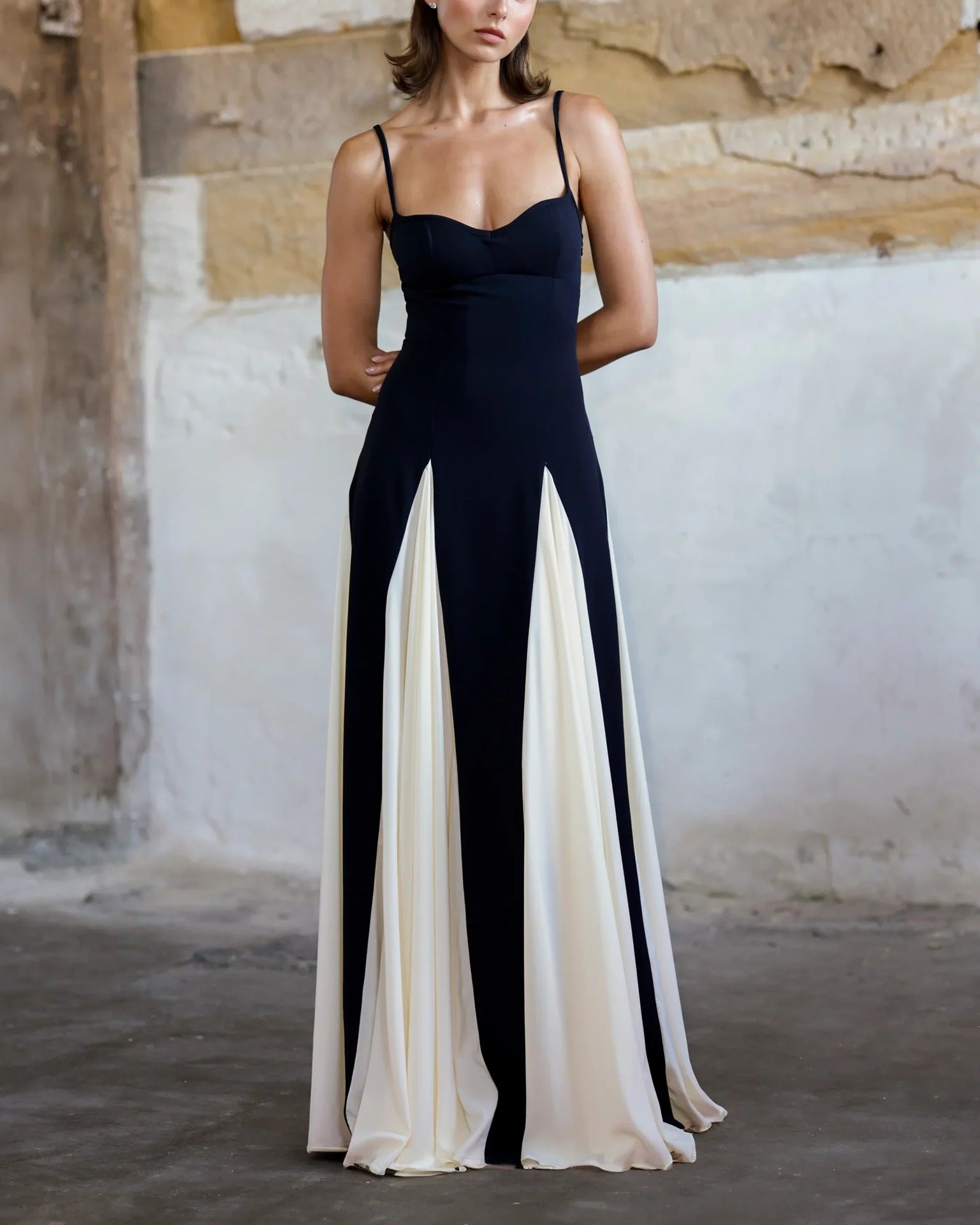 Damklänning A-Line Färgblock Spandex Lång Ärmlös-5