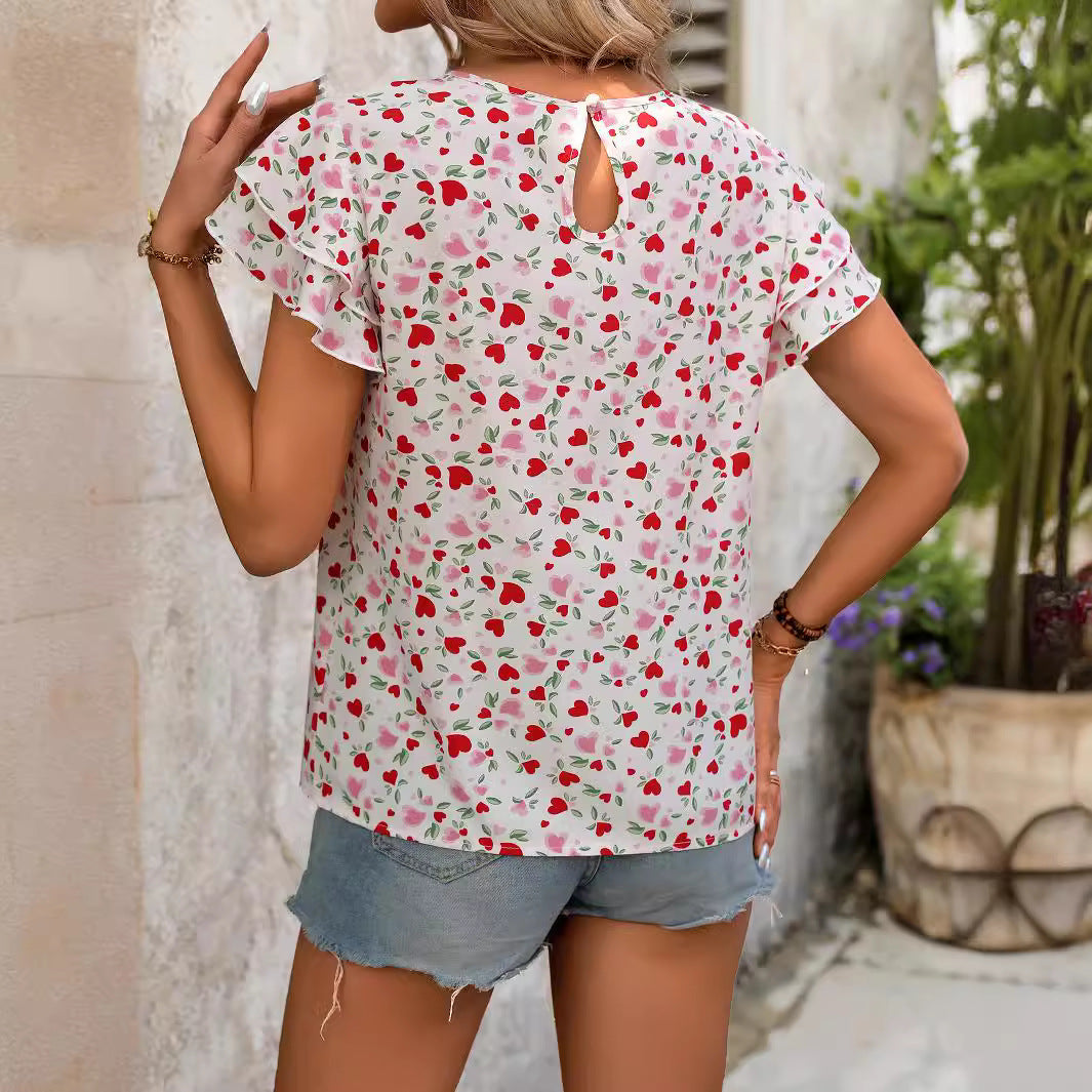 Dam T-shirt Rynkade Ärmar V-ringad Polyester Hjärttryck-3