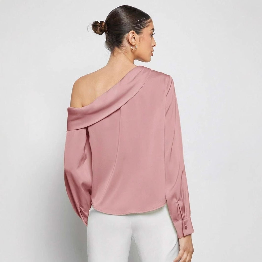 Dam Asymmetrisk Blus Off-Shoulder Satin-5