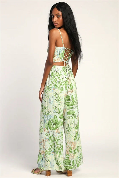 Dam Cami Top och Blommiga Bredbyxor Set i Polyester för Sommarens Evenemang-4