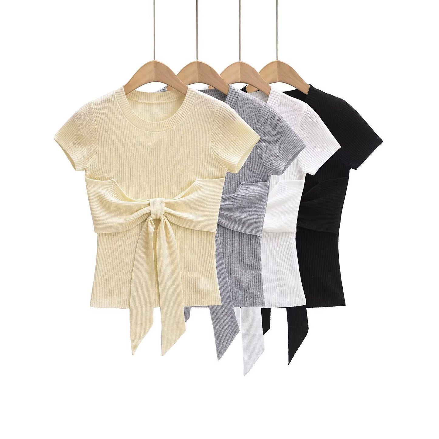 Dam Topp Korta Ärmar Dekorativ Slinga Ribbmaterial-2