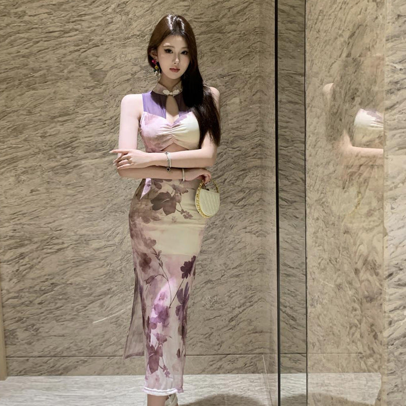 Dam Qipao Klänning Lång Ärmlös Polyester Patchwork-3