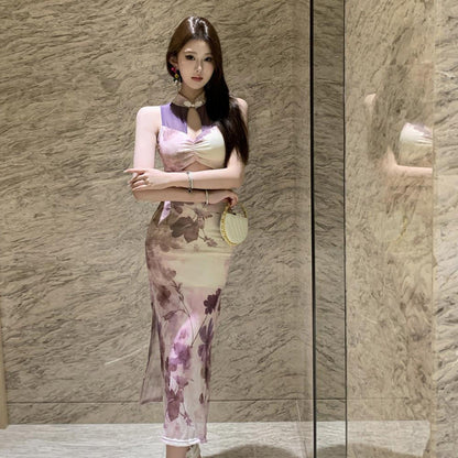 Dam Qipao Klänning Lång Ärmlös Polyester Patchwork-3