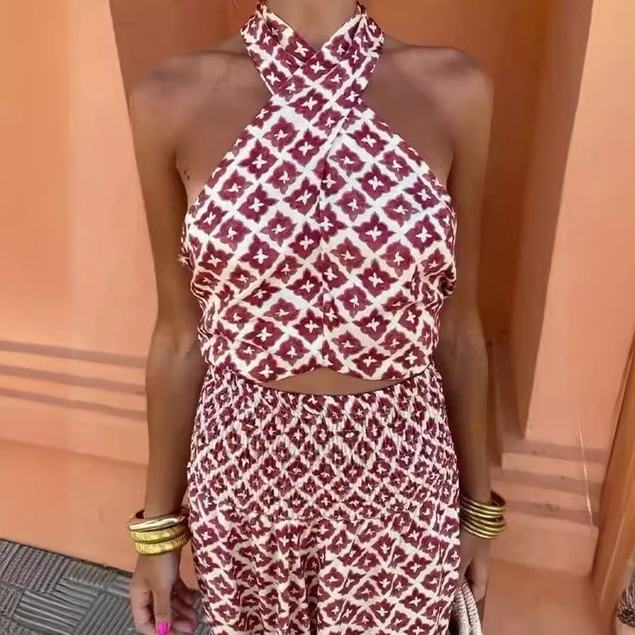 Dam Jumpsuit Lätt Tyg med Bindande Bälte Geometriskt Mönster 4