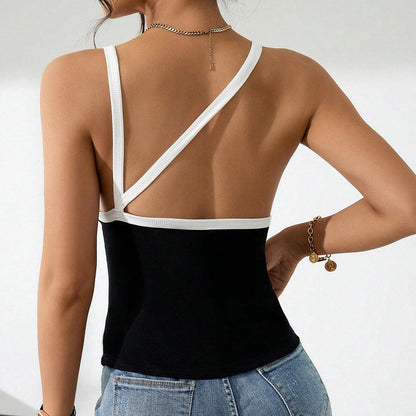 Dam Tank Top Färgblockerande Högelastisk Ribbat Stickat Tyg-3