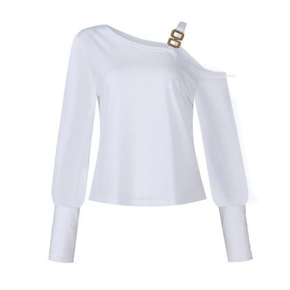 Asymmetrisk Långärmad Topp för Dam med Metallisk Spänne – Svart och Vit Polyester 6