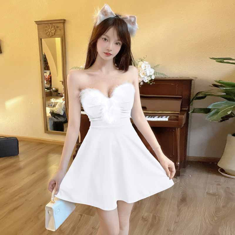 Dam Festklänning Stropplös Kort Päls för Nyår och Julfester-2