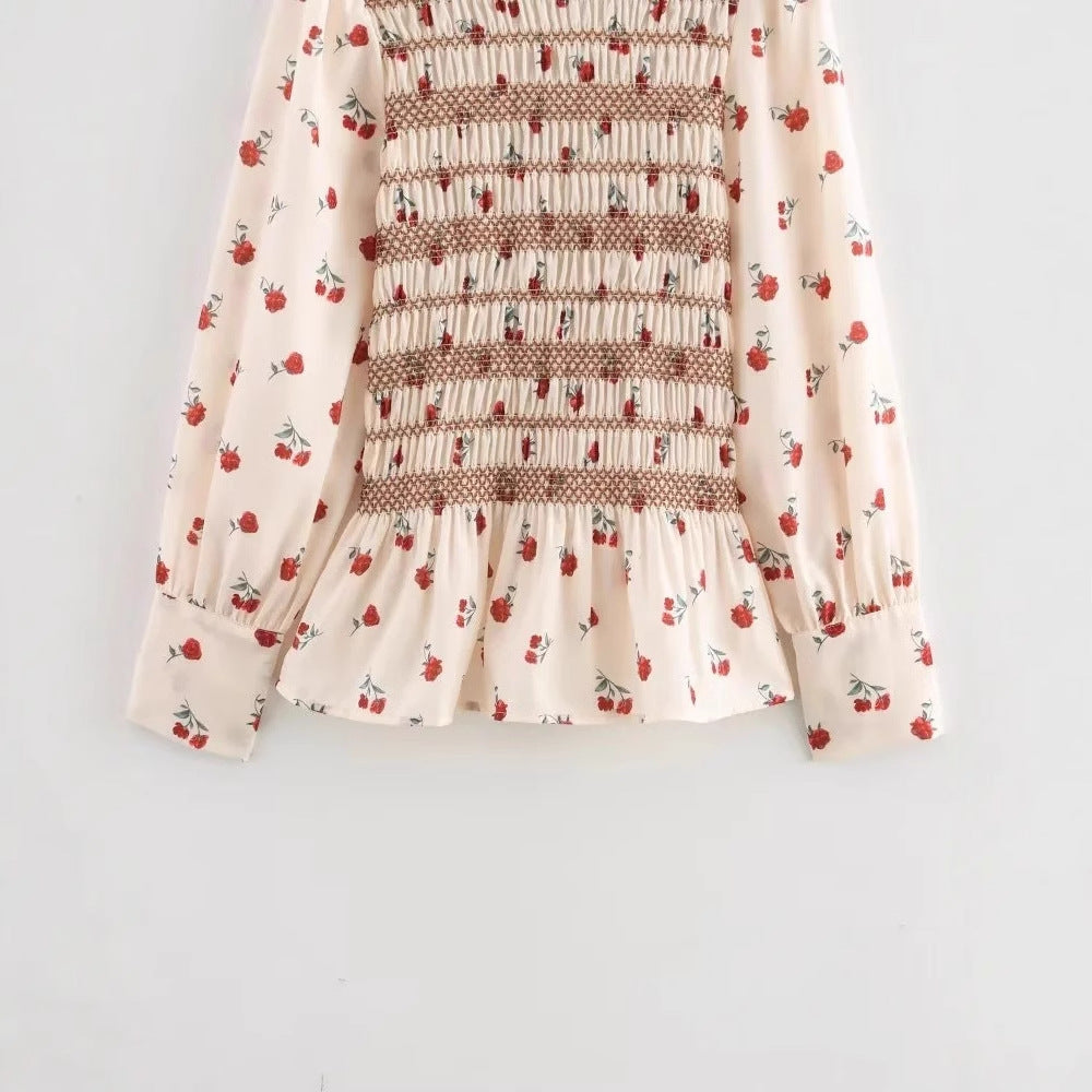 Dam Blus Blommig Design Rynkade Detaljer Lätt Tyg-4