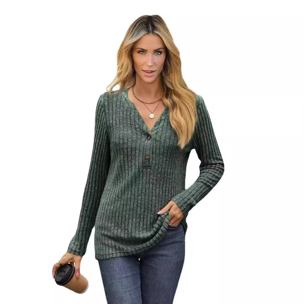 Dam Långärmad T-shirt V-ringning Löst Passform Polyester-6