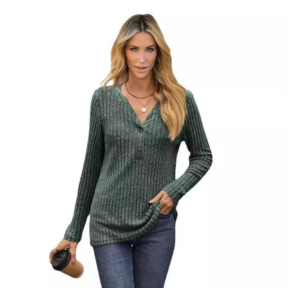 Dam Långärmad T-shirt V-ringning Löst Passform Polyester-6