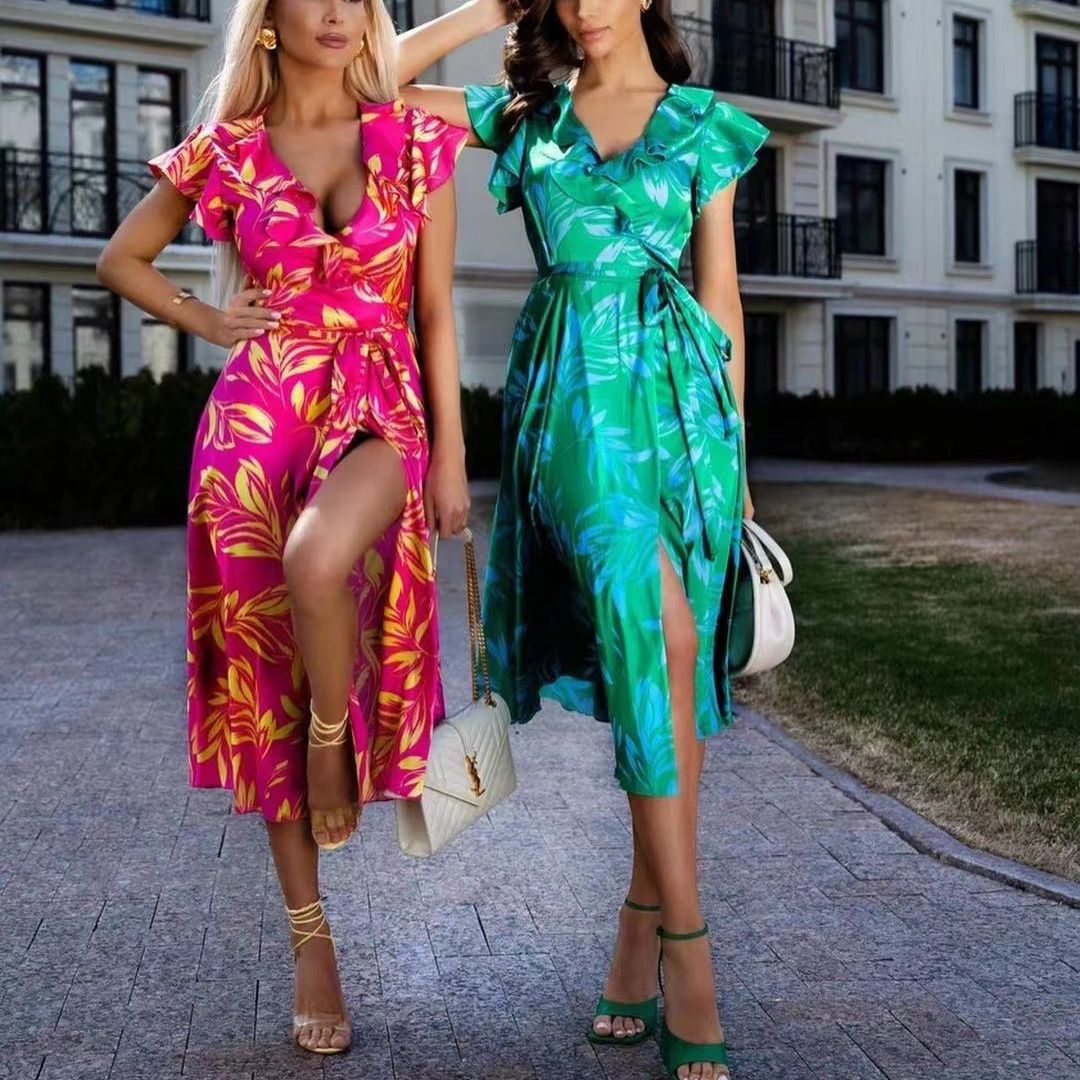 Kvinnors A-linjeformad Klänning V-ringning Polyester med Puffärmar-2