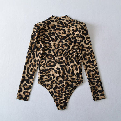 Kvinnors Kropp Djup V-ringning Långa Ärmar Elastiskt Tyg Leopardmönster 2