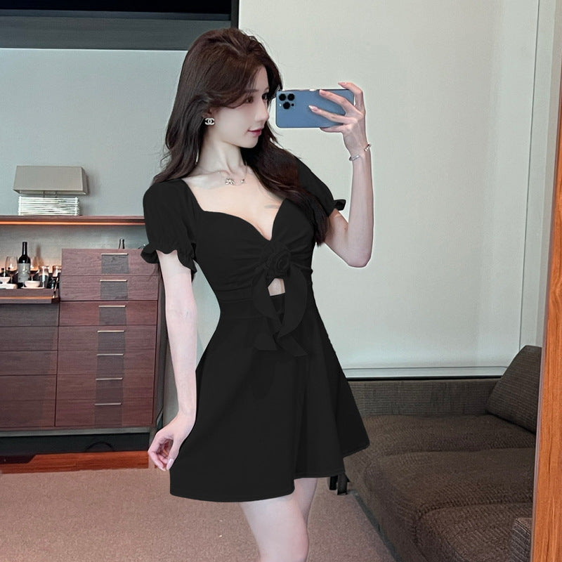 Variant image for Kvinna Klänning Djupt V-ringad Puffärmar Polyester Kort Kjol-4