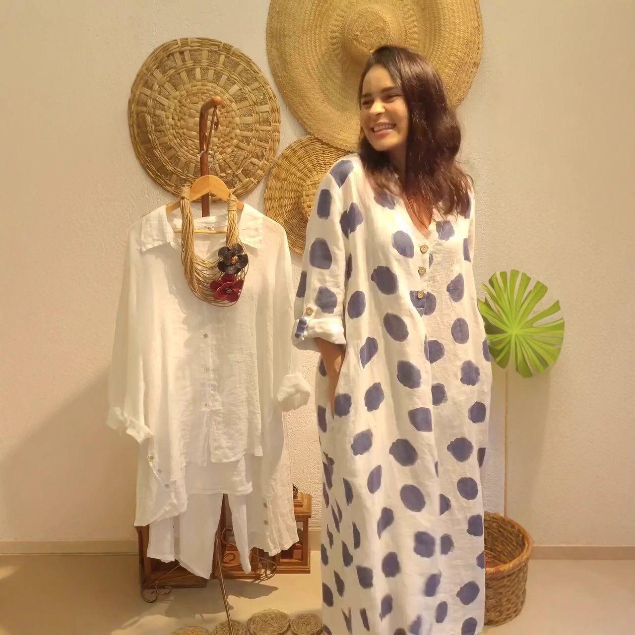 Dam Klänning Lång V-Hals A-Line Polyester Prickmönster-1