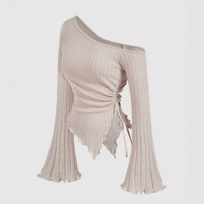 Dam Tröja Oregelbunden Spets Ribbad Polyester Lång Ärme-2