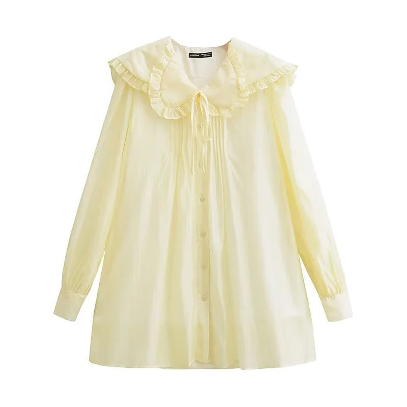 Långärmad Blusklänning med Stående Krage och Rüsch-Detaljer i Lätt Tyg – Feminint Snitt för Vardags och Fest 9