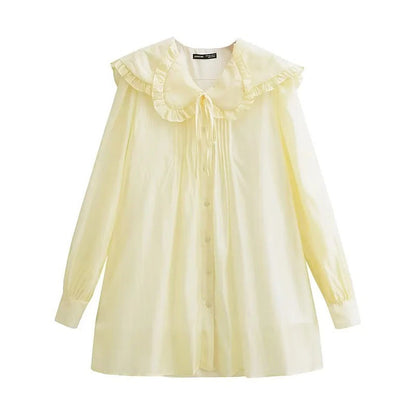 Långärmad Blusklänning med Stående Krage och Rüsch-Detaljer i Lätt Tyg – Feminint Snitt för Vardags och Fest 9