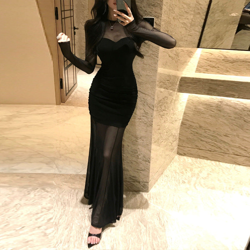 Maxi Klänning Dam Transparent Tyll Med Långa Ärmar-3