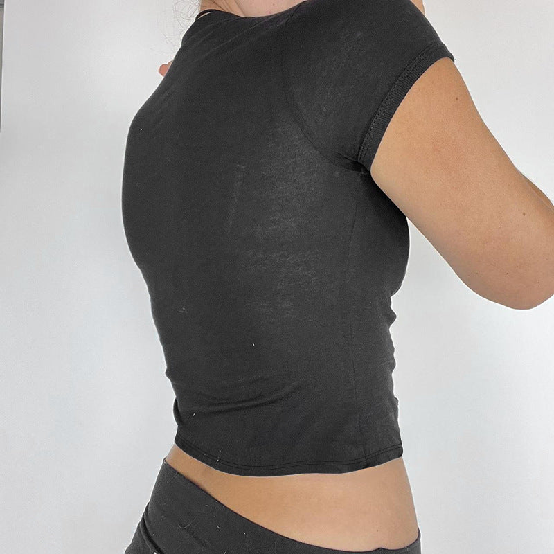 Kvinnors Kortärmad Topp V-ringning Elastisk Bomull-5