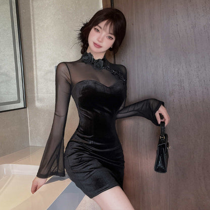 Dam Bodycon Kjol Retro Spandex Mesh-2