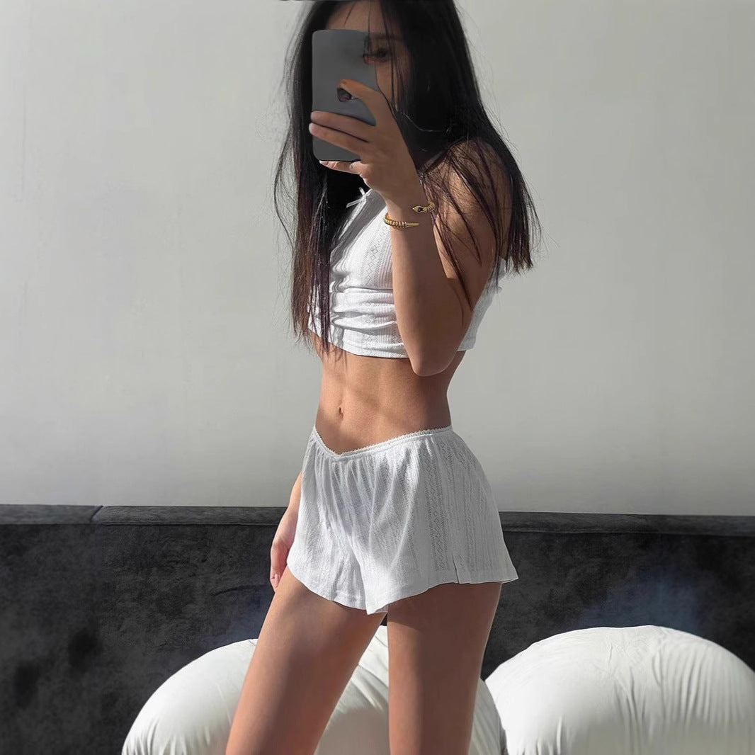 Dam Casual Set med Geometriskt Mönster – Ärmlös Top och Korta Byxor i Vit och Svart Jacquard 3