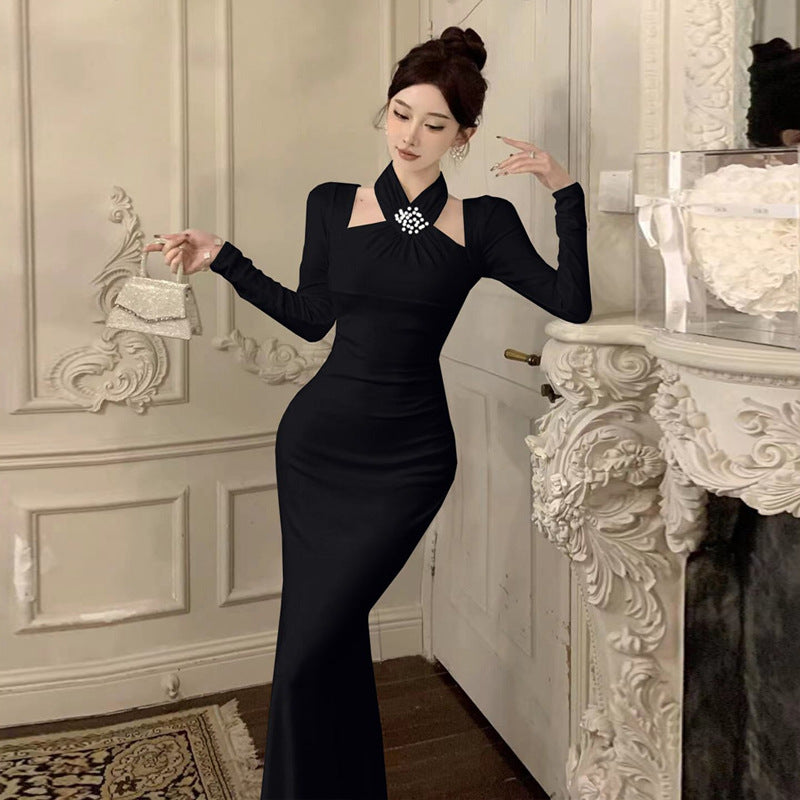 Kvinna Lång Klänning Halterhals Sjöjungfru Polyester Elastan-2