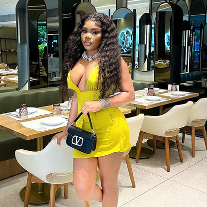 Svart Miniklänning med V-ringning och Fickor i Elastiskt Tyg – Bekväm och Elegant Klänning för Kvinnor 8