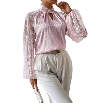 Kvinnors Blus Transparenta Spetsärmar Ståkrage Lätt Tyg 5