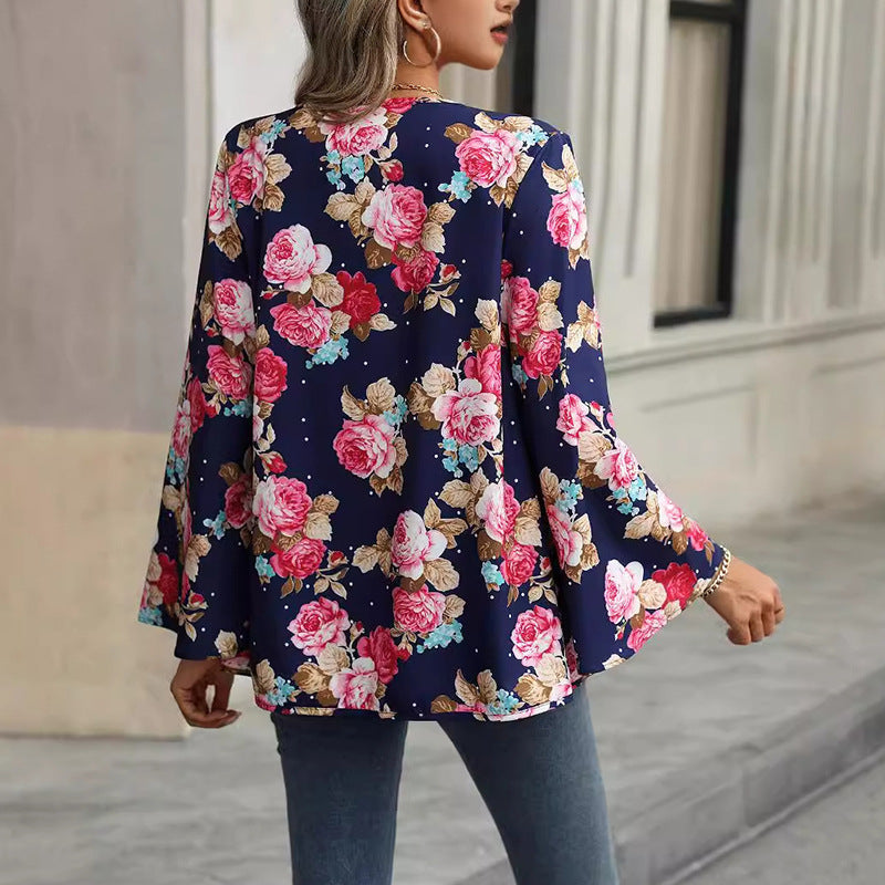 Blommönstrad Lång Kofta för Dam i Mjuk Polyester – Långärmad Cardigan för Vår och Höst 4