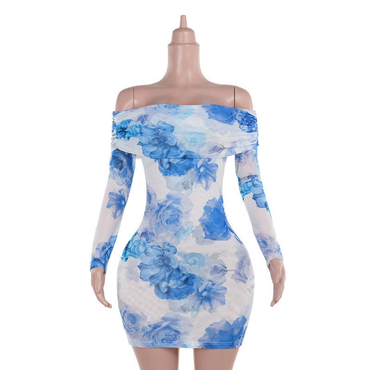 Kvinnors Miniklänning Off-Shoulder Blommigt Tryck Mjuk Material 1