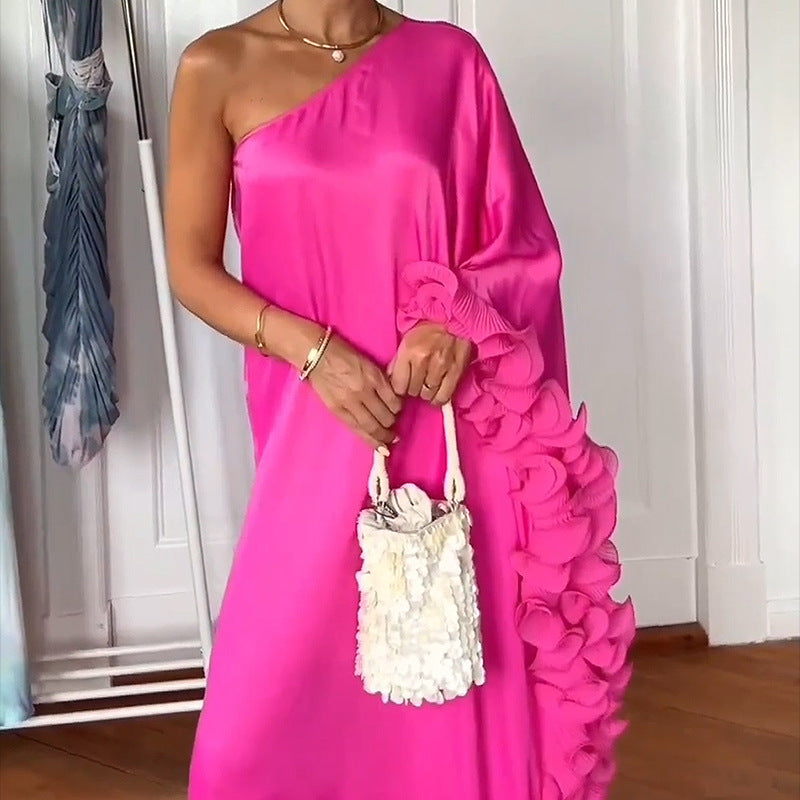 Kvinnors A-Linje Klänning En Axel Lång Ärmar Polyester-4