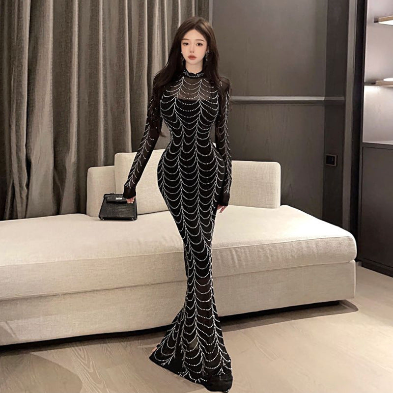 Kvinnors Bodycon Klänning med Stand-krage och Rhinestone Mesh-3