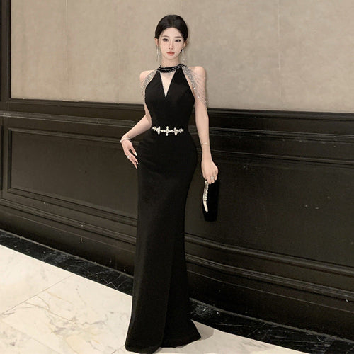 Kvinnors Lång Aftonklänning V-ringad Ärmlös Högkvalitativ Polyester-1